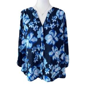 NYDJ Navy Floral  Pintuck Blouse US L